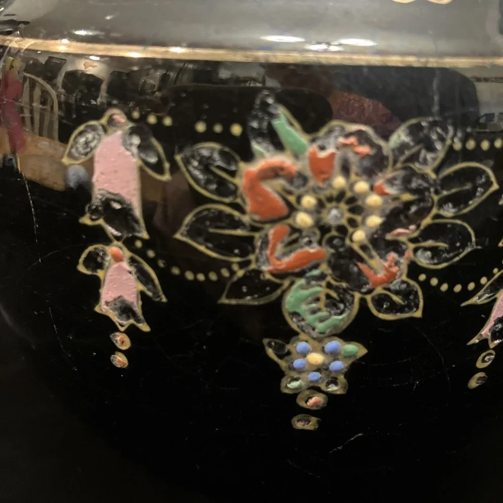 Hand Painted VTG Black Teapot Gold Trim Moriage Raised Dots Japan Glued Spout